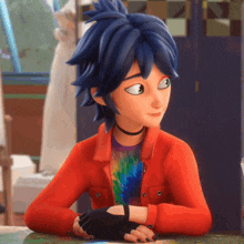 a cartoon character with blue hair wearing a red jacket