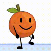 a cartoon peach with arms and legs is smiling and holding a green leaf