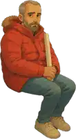 a man in a red jacket is sitting with a wooden stick in his hand