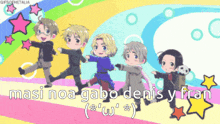 a group of cartoon characters are dancing in front of a rainbow with the words " masi noa gabo denis y fran "