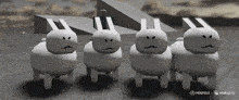 a bunch of white rabbits are standing next to each other with their faces on