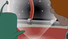 a cartoon of a man looking at a green object