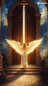 a painting of an angel standing in front of an open door that says capcut