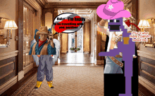 a man in a cowboy hat is talking to another man in a purple cowboy hat