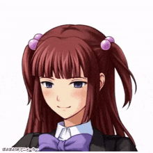 a girl with red hair and a purple bow tie is smiling .