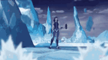 a cartoon of a woman holding a hammer with a marvel logo behind her
