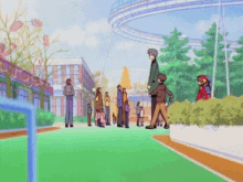 a group of people are gathered in a park with a roller coaster in the background