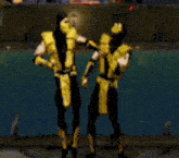 a video game character is kicking another character in the air .