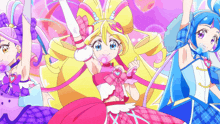 a group of anime girls are dancing together in a pink and blue outfit