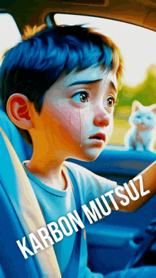 a boy is crying in a car with the words karbon mutsuz on the bottom right