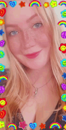 a woman 's face is surrounded by colorful stickers including rainbows hearts and stars