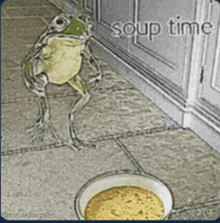 a picture of a frog standing next to a bowl of soup with the caption " soup time "