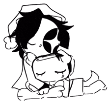 a black and white drawing of a man hugging a dog .