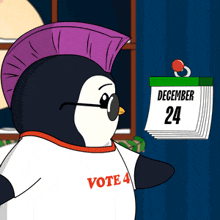 a penguin with a mohawk and sunglasses holds a calendar that says december 24