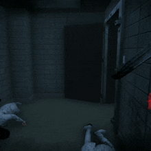 a video game shows a man walking through a doorway