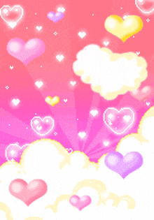 a pink background with hearts and clouds floating in the sky