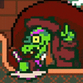 a pixel art drawing of a green monster with a purple hat and a candy cane .