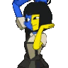 a pixel art drawing of a cartoon character with a blue and yellow face .