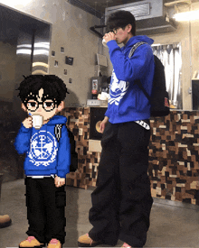 a pixel art of a boy in a blue hoodie drinking coffee
