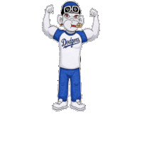 a cartoon of a monkey wearing a dodgers shirt flexing his muscles
