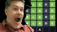 a man with his mouth open stands in front of a screen that says lake