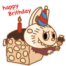 a happy brithday sticker with a cartoon bunny