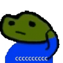 a green frog is wearing a blue shirt and has a sad face on it .