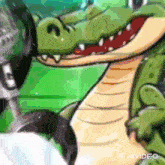 a cartoon drawing of a crocodile with a microphone in its mouth