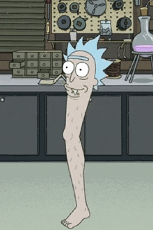 a cartoon character with a long leg is standing in front of a counter