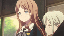 two anime girls are standing next to each other and one has a badge on her chest that says ' a ' on it