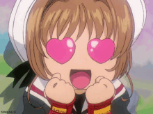 a girl with heart shaped eyes is wearing a sakura bracelet