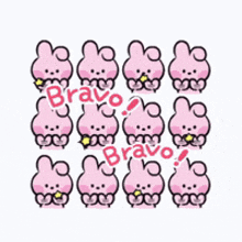 a row of pink rabbits with the words bravo written on them .