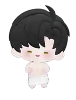 a cartoon character with black hair and green eyes