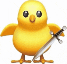 a cartoon chicken is holding a sword in its beak .