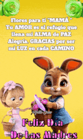 a cartoon of a rabbit holding a basket of flowers with the words feliz dia de las madres below it