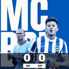 two soccer players on a blue background with the letters mc and bri on it