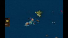 a screenshot of a video game shows a small island in the middle of a large body of water