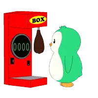 a green penguin is standing next to a box machine