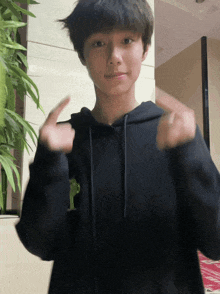 a young boy wearing a black hoodie with a green frog on it