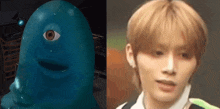 a blue monster with one eye next to a picture of a man