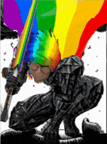 a man with a rainbow haircut is holding a rainbow flag
