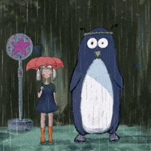 a girl with a red umbrella stands next to a penguin in the rain