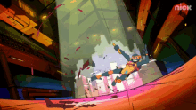 a cartoon character is falling from a building with the nick logo in the background