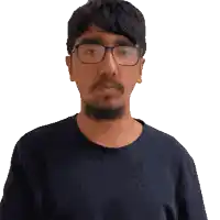 a man wearing glasses and a black shirt is making a gesture