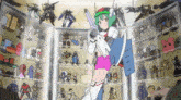 a cartoon of a girl holding a gun in front of a display case