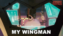 a poster for sausage party foodtown shows a cartoon character holding a microphone