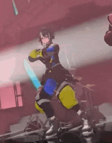 a cartoon character is holding a sword and dancing on a stage in a video game .