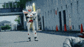 a person in a white costume is holding a lightning bolt