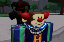 a clown with the number 8 on his face is holding a gift box
