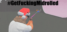 a man wearing a santa hat is holding a gun in front of a sign that says getfuckingmidrolled